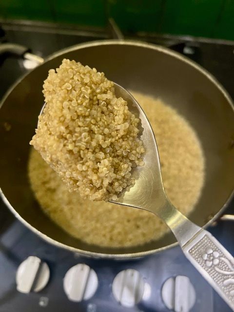 Step 1.1: The quinoa is done when the germ starts to pop and unfurl at the edges — it will appear as tiny 'tails