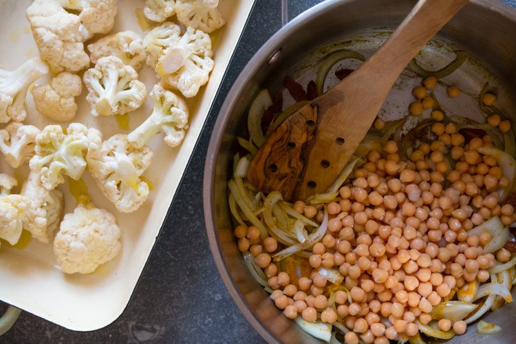 Step 1.1: In a large saucepan, add the olive oil, onions, chickpeas, apricots, garlic, spices, and salt