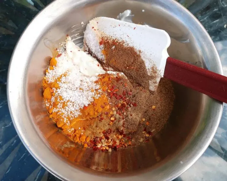 Step 1.1: Mix Greek yogurt, garam masala, ground turmeric, sweet paprika, granulated garlic, ground ginger, ground coriander, ground cumin, crushed red pepper flakes, and kosher salt in a bowl