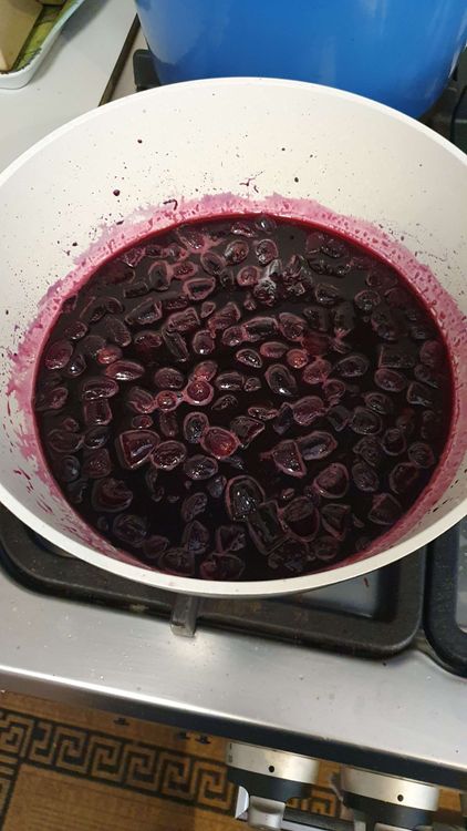 Step 1.1: Cut up the grapes into roughly 1 inch pieces and toss in a medium pot with 1 cup sugar and the juice of 1 lemon