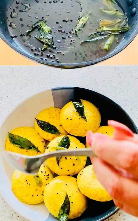 Step 2.1: Pour the tempering over the dhokla
