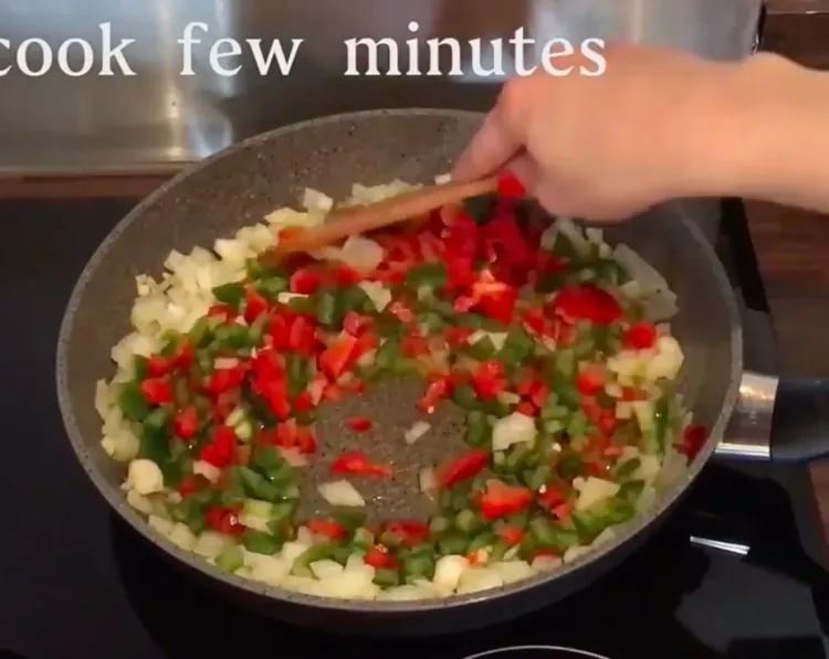 Step 1.1: In a pan with olive oil, add chopped garlic, onion, and peppers