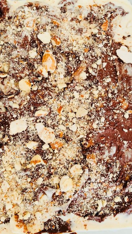Step 1.1: After freezing, sprinkle chopped nuts on top of the icing before returning the bowl to the freezer