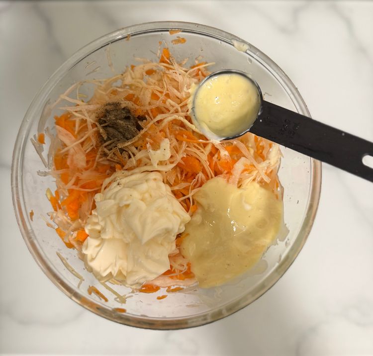 Step 1.1: Add mayonnaise, salad cream, sugar, salt, and pepper to the bowl