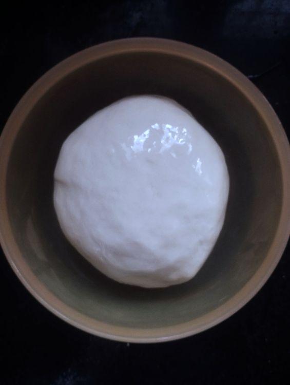 Step 1.1: Place the dough in a bowl and grease with the ghee-oil mix to prevent drying