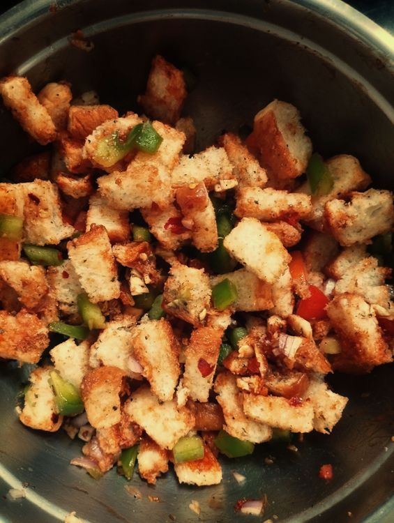 Step 1.1: Add the bread cubes to a bowl along with all other ingredients except cheese