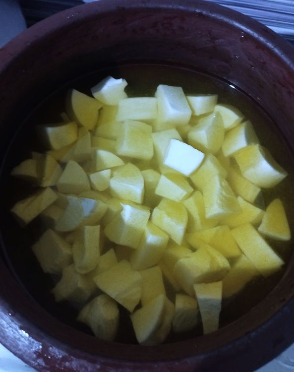 Step 1.1: Boil tapioca with water, turmeric powder, and salt until tender