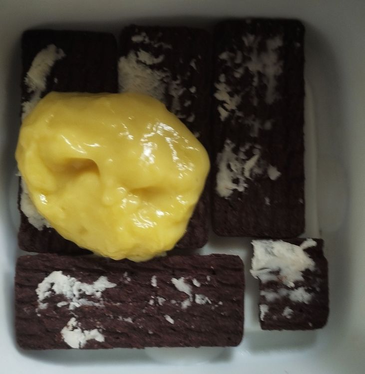 Step 1.2: Start layering: first place biscuits, then pour the custard mix and even it out