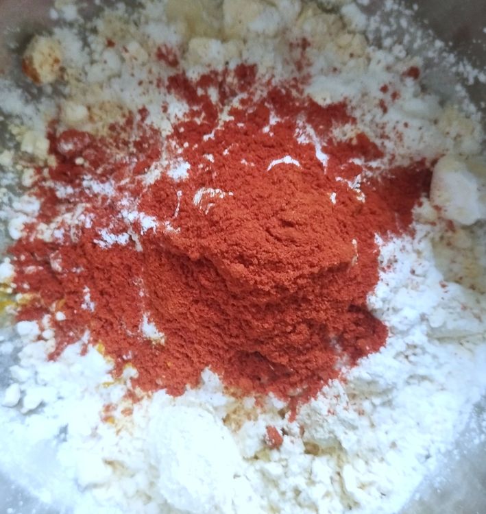 Step 1.1: In a bowl, mix besan flour, corn flour, chilli powder, turmeric powder, garam masala, ginger garlic paste, and salt