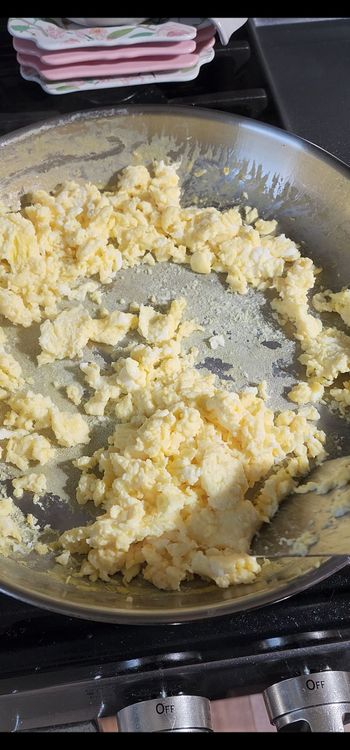 Step 1.1: Cook the egg mixture in a skillet over medium low heat that is oiled (I used a spray of olive oil), stirring occasionally, until scrambled and fully cooked