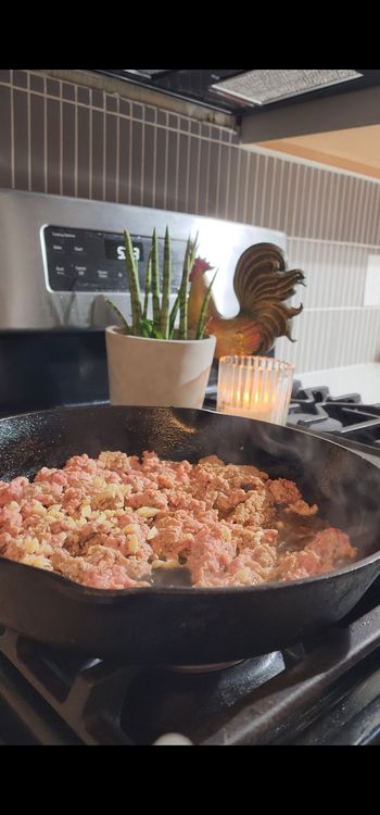 Step 1.1: Add spices (except italian seasoning), garlic, soy sauce, diced bell pepper, and onion to the skillet