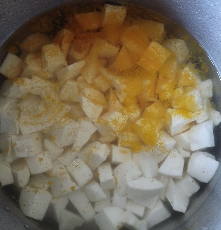 Step 1.1: Boil the tapioca pieces with enough water and turmeric powder