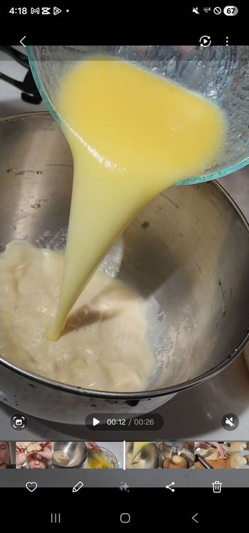 Step 4.1: Pour each mixture into the yeast mixture once the yeast is dissolved and foamy