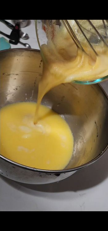 Step 4.2: Pour each mixture into the yeast mixture once the yeast is dissolved and foamy