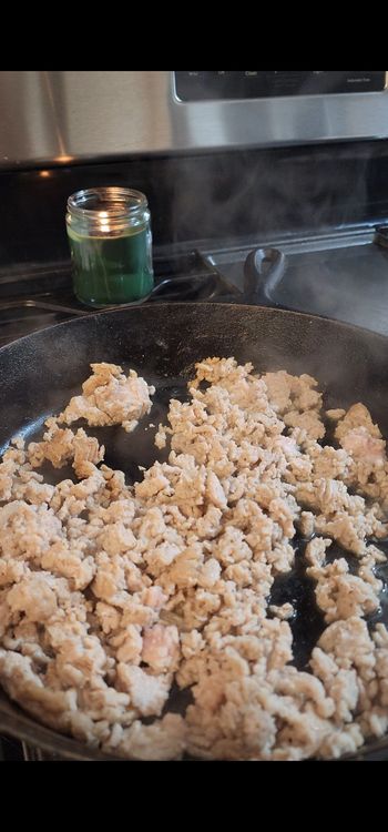 Step 1.1: Cook ground chicken in a skillet over medium heat until fully cooked
