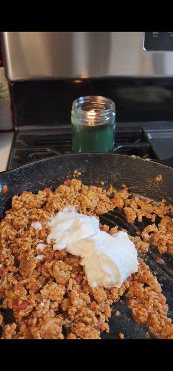 Step 1.1: Remove skillet from heat or turn very low and mix in Greek yogurt until creamy