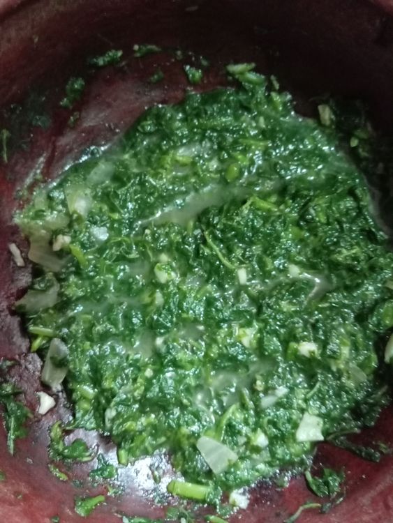 Step 2.1: Take a mud pot and add the chopped amaranth leaves, chopped green chilies, chopped onion, chopped garlic, and salt