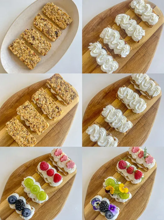 Step 1.5: Place one layer of Calbee granola bar on a plate