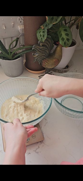 Step 1.1: Add sourdough discard, Greek yogurt, egg, almond milk, and vanilla extract