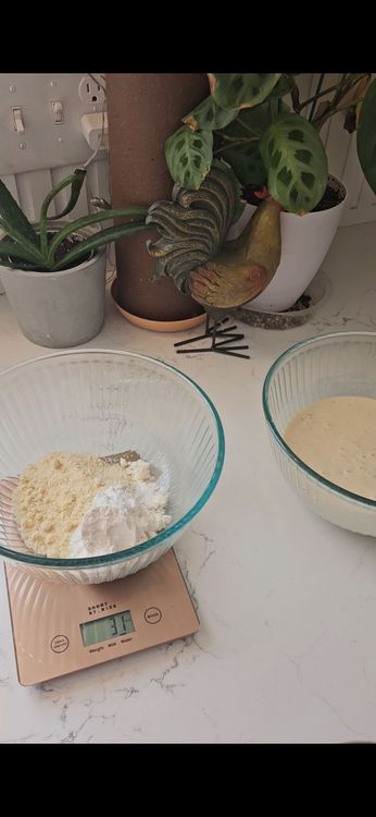 Step 1.1: In another bowl, combine almond flour, whey protein, baking powder, baking soda, salt, and cinnamon