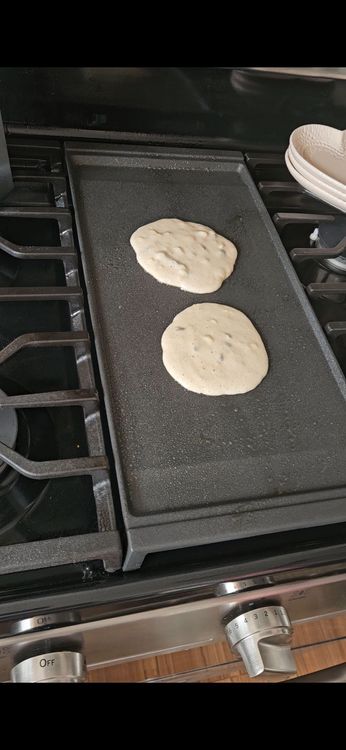 Step 2.1: Pour batter onto the skillet to form pancakes