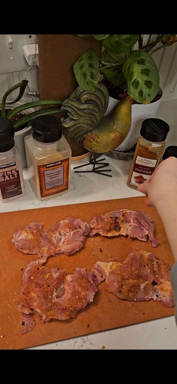 Step 1.1: Season chicken with salt, pepper, garlic powder, paprika, and red pepper flakes