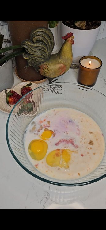 Step 1.1: In another bowl, combine the wet ingredients: sourdough discard, mashed strawberries, strawberry Greek yogurt, egg, and almond milk