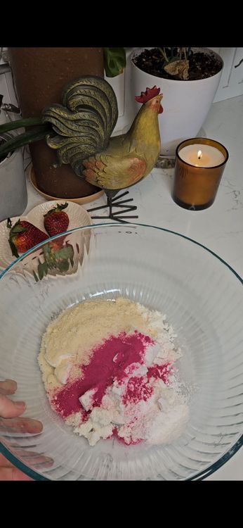 Step 1.1: In a bowl, mix the dry ingredients: protein powder, almond flour, baking powder, baking soda, vanilla extract, cinnamon, salt, and dragon fruit powder