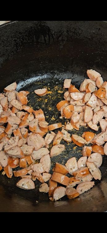 Step 1.1: If using chicken sausage: Add the chicken sausage cooking until there is some browning else skip to the aromatics