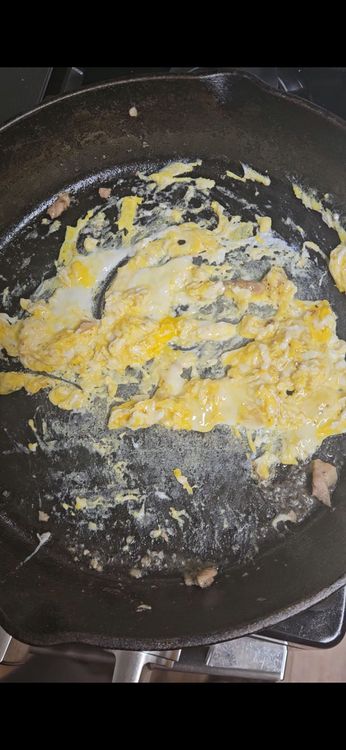 Step 4.1: In the same pan, pour in the eggs