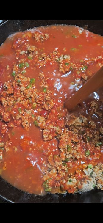 Step 2.2: Add the marinara sauce, chicken bone broth, tomato paste, and protein pasta to the pan with the turkey mixture