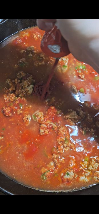 Step 2.3: Add the marinara sauce, chicken bone broth, tomato paste, and protein pasta to the pan with the turkey mixture