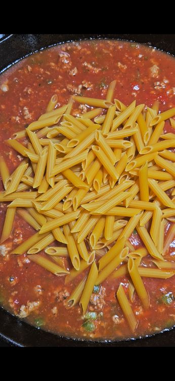 Step 2.4: Add the marinara sauce, chicken bone broth, tomato paste, and protein pasta to the pan with the turkey mixture