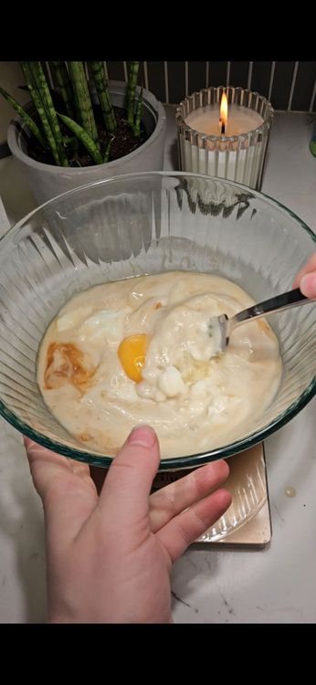 Step 1.1: In a large bowl, whisk together all wet ingredients: sourdough discard, egg, yogurt, almond milk, vanilla, and almond extract