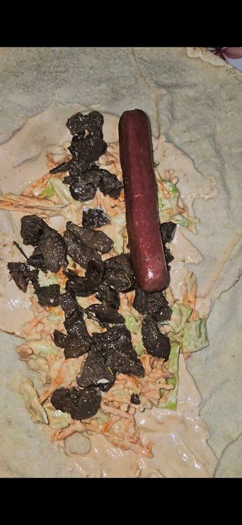 Step 1.1: Layer with sautéed beef, veggies and grilled sausages