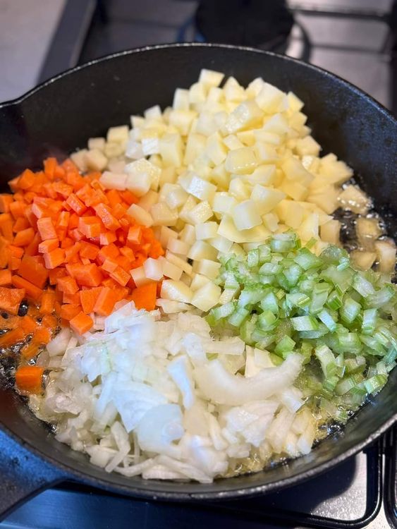 Step 2.1: Add onions, carrots, potatoes, and celery, and cook for about 5 minutes until soft and tender