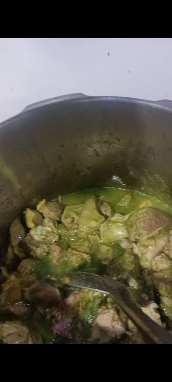 Step 1.1: When it starts boiling, add cleaned mutton, salt to taste, garam masala, and coriander powder