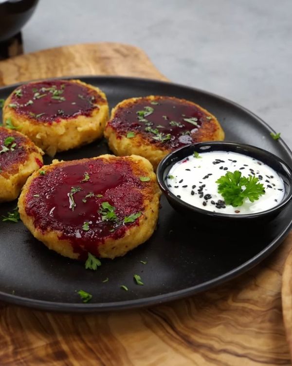 Vegan Patties with Red Beet Glaze and Herb Dip recipe