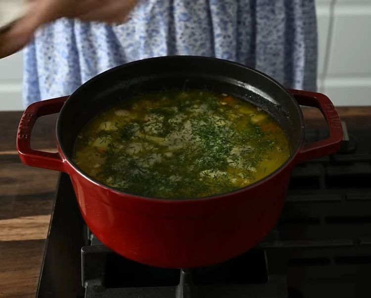 Step 1.1: Pour in 750 ml of vegetable broth, add dill, and salt
