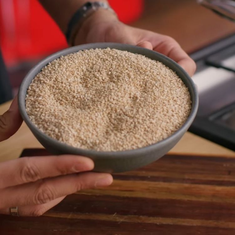 Step 1.1: Heat a pan on medium and add the sesame seeds