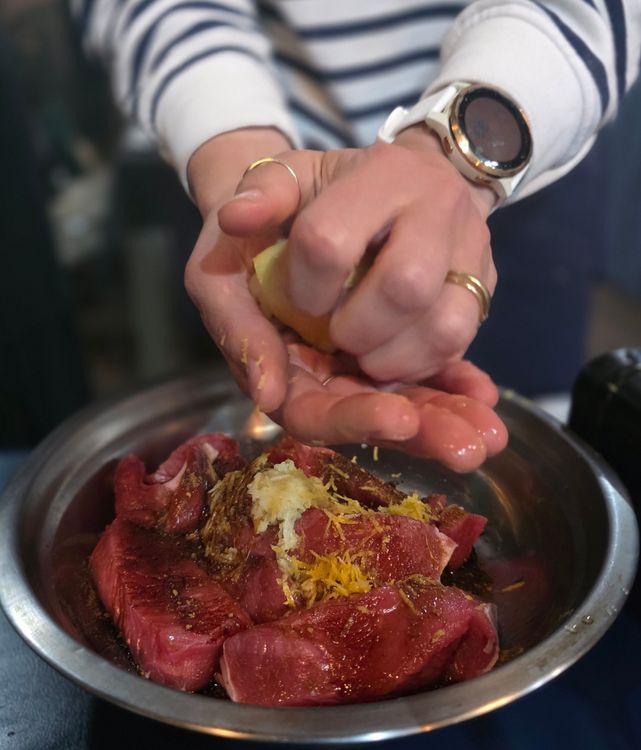 Step 2.1: Season beef strips with the soy sauces, lemon zest, ginger, and Chinese 5-spice