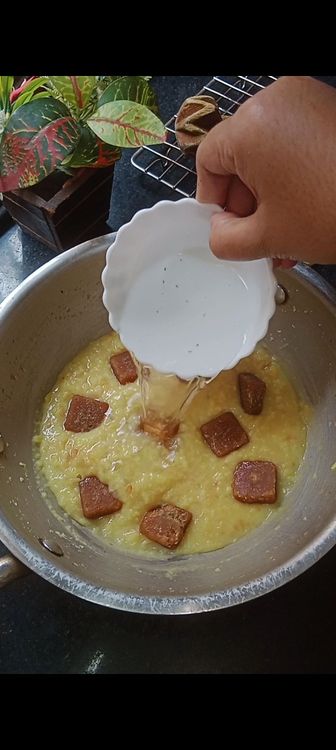 Step 3.2: Add jaggery cubes or jaggery powder and cook for another 5 min by adding 1 cup water