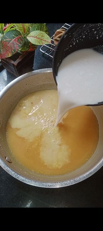 Step 4.2: Once the broth boils lower the flame and add thick coconut milk to enhance the taste of Moong dal Payasam