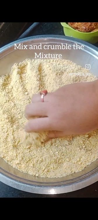 Step 1.2: Crumble the mixture by adding soft jaggery