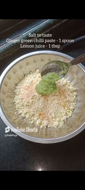 Step 1.1: Take a big bowl , add chickpeas flour ( besan), turmeric powder, pinch of asafoetida, salt to taste, green chilli ginger paste & lemon juice