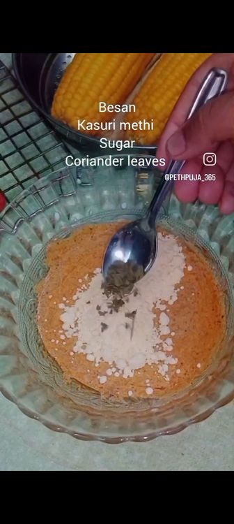 Step 2.1: Add 1 tbsp besan ( gram flour ) , pinch of sugar, kasuri methi, coriander leaves