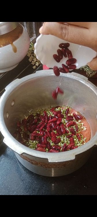 Step 1.1: Next add sprouts and rajma with 3 cups of water