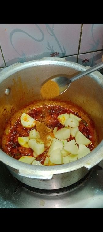 Step 1.2: Now add the main ingredient that is potato cubes with kitchen king masala