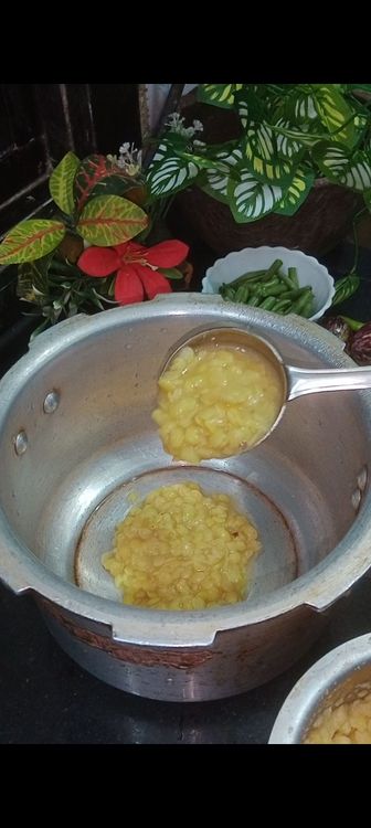 Step 1.1: In a cooker , add boiled toor dal , turmeric powder and water