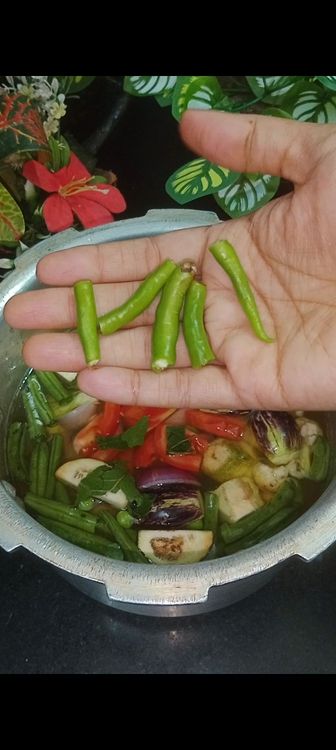 Step 1.1: Next add green chillies & tamarind pieces